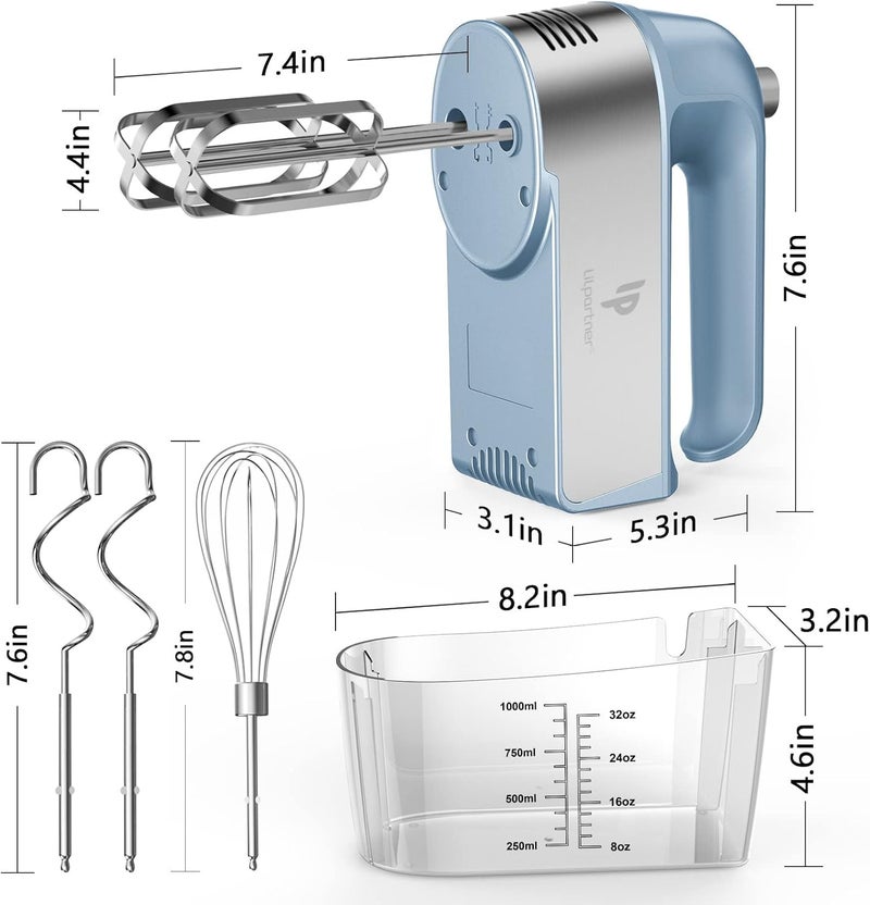 LILPARTNER Hand Mixer Electric, 450W Kitchen Mixers with Scale Cup Storage Case, Turbo Boost/Self-Control Speed + 5 Speed + Eject Button + 5 Stainless Steel Accessories, For Easy Whipping Dough, Cream, Blue - Image 5